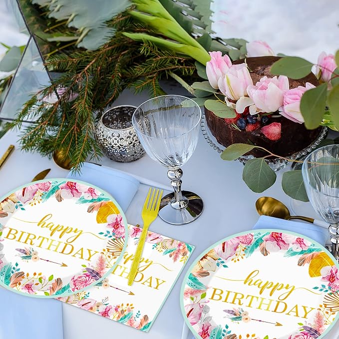 Tevxj 96 Pieces Happy Birthday Party Plates Napkins Boho Decorations Gold Metallic Tableware for Boys and Girls Happy Birthday Dessert Plates Napkins Forks for 24 Guests Party Supplies Favor