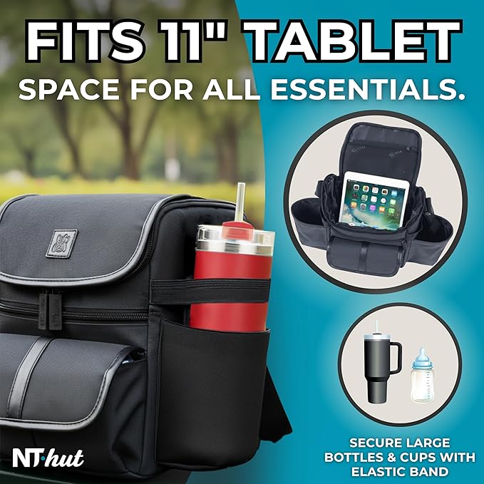 NT·hut Baby Stroller Organizer, Stroller Caddy Bag with 2 Wide Cup Holders & Bottle Straps, Universal Strap Fit, Fits 11" Tablet, Magnetic Pocket, Zipper & Mesh Pockets, Water Resistant 600D (Black)