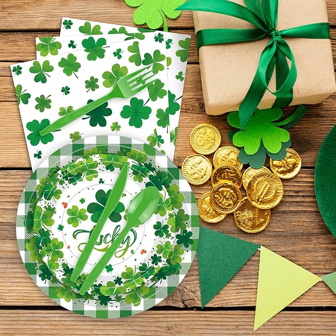 175 Pcs St. Patrick's Day Tableware Set - Serves 25, Green Lucky Shamrock and Plaid Disposable Plates, Cups, Napkins, Forks, Spoons, Knives for St. Paddy's Day, Irish-Themed Birthday Party Supplies