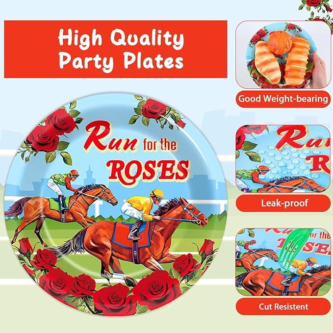 Qyeahkj 100 Pcs Kentucky Party Supplies Derby Day Tableware Set Run for The Roses Party Plates Napkins Forks Disposable Horse Racing Decorations for Equestrian Enthusiasts Race Day Serves 25