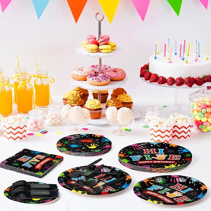 Hi Five Drawing Party Supplies - 96Pcs Art Painting Themed Plates Napkins Forks Tableware Set, Disposable Paper Plates Party Decoration for Kids 5 Years Old Birthday Baby Shower Table Decor, Serve 24