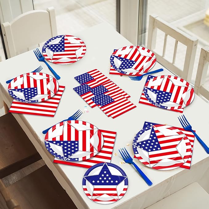 96 Pcs 4th of July Party Plates Napkins Tableware Set Memorial Day Supplies Disposable Dinnerware Patriotic Freedom Stars Party Decoration Favors for Independence Day 250th Anniversary, 24 Guest