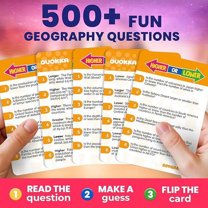 QUOKKA Trivia Board Games for Kids and Adults – Family Board Games for Family Game Night – Higher or Lower Trivia Cards for Kids 8-12 – Guess Fun Questions – Geography Card Game for Families&Teens
