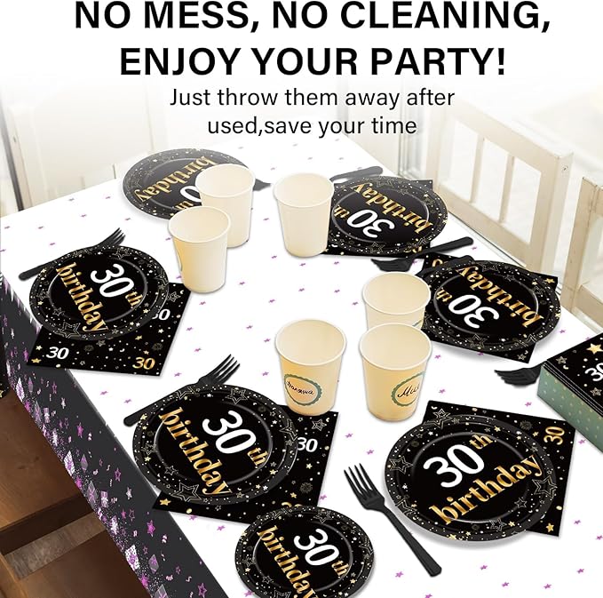 30th Birthday Party Supplies Serves 24 Black and Gold 30 Years Old Birthday Party Decorations Paper Plates Napkins Cheers to 30 Years Tablecloth Set Vintage 1996 Tableware Favors Kit for Men or Women