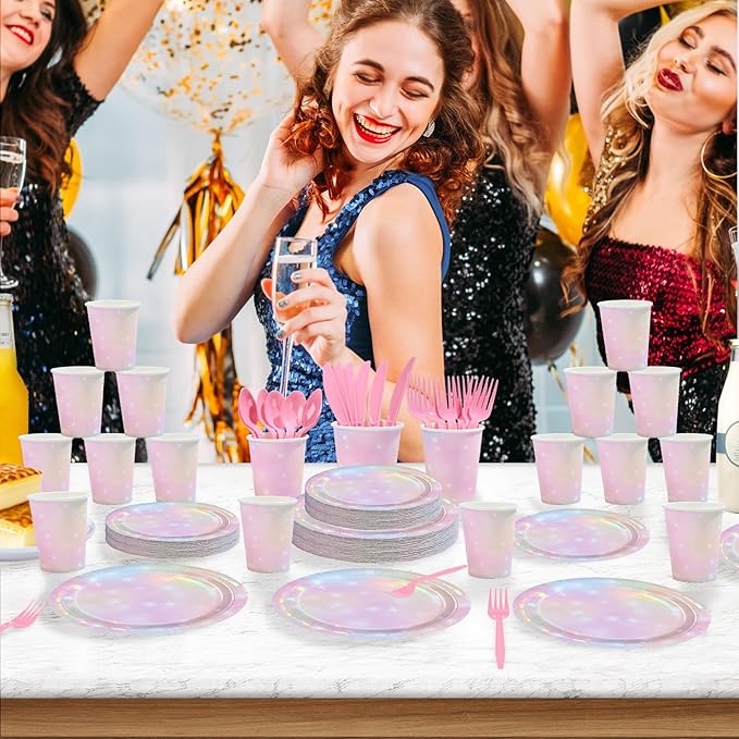168Pcs Pink Pastel Rainbow Party Decorations Pink Iridescent Plates and Napkins Cups Tableware Sets Rainbow Party Decorations for Rainbow on Cloud 9 Birthday Weddings Baby Shower Supplies Serves 24