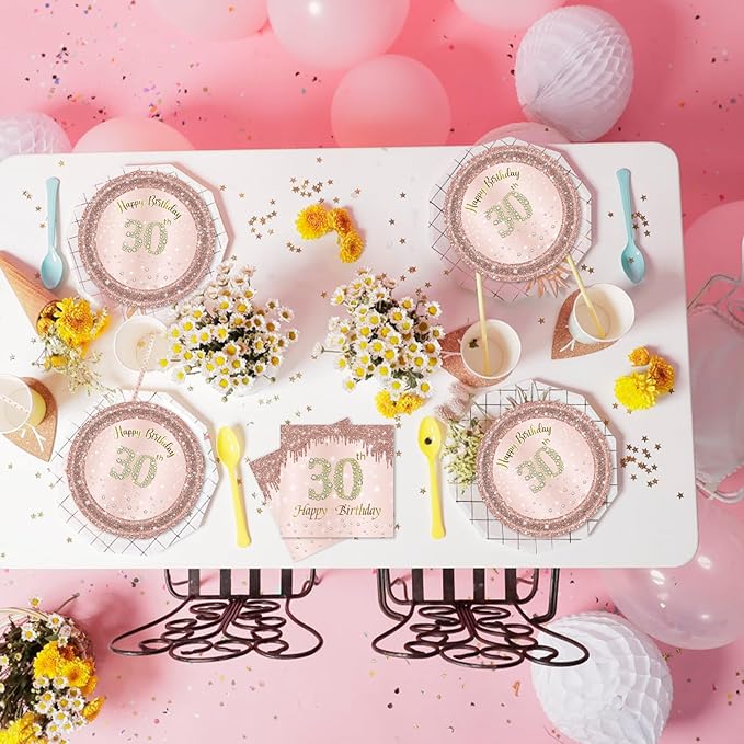 41Pcs 30th Birthday Decorations for Women, Rose Gold Thirty Year Old Birthday Party Supplies Include 20 Plates 20 Napkins and 1 Tablecloth, Pink 30 Aged Birthday Party Tableware