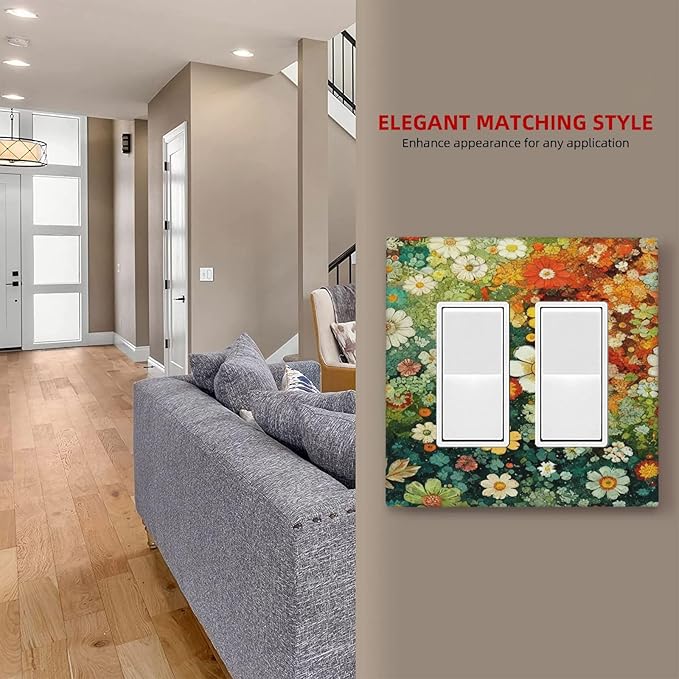Light Switch Cover Plate Colorful Flowers Green Plants Meadow Floral 2 Gang Double Rocker Outlet Covers Decorative Switch plates Electrical Wall Plates GFCI Receptacle for Bathroom Bedroom