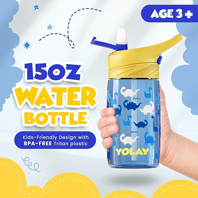 YOLAY 15oz Kids Water Bottle For School Boys and Girls, Durable Toddler Water Bottle with Straw Lid Leak-Proof, Spill Proof, Easy Clean and Dishwasher Safe with Re-Usable and BPA Free - Dino