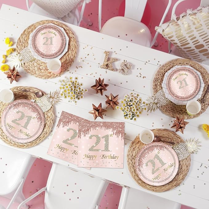 62Pcs 21st Birthday Decorations for Girls Her, Rose Gold Birthday Party Supplies Include 40Pcs Plates 20Pcs Napkins and 2Piece Tablecloth, Rose Gold Sweet 21 Party Tableware for 20 Guests
