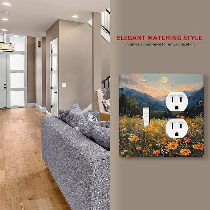 Sunset Wild Flower Field Floral Nature Landscape Wallplates 1 Toggle 1 Duplex Switch Plate Electrical GFCI Faceplate Decorative Light Switch Covers for Farmhouse Bedroom Decor