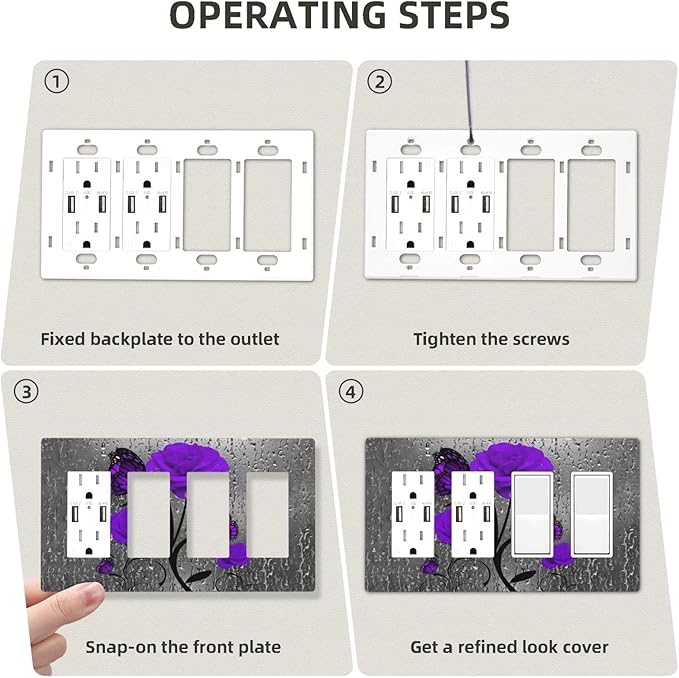 Purple Butterfly Rose Flower 4 Gang Quad Rocker/Decor Light Switch Cover Plate Decorative Electrical Faceplate For Girls Room Bedroom Decorate Jumbo Size Screwless 8.3" x 4.6