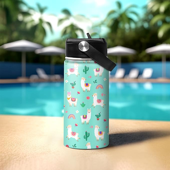Kids Water Bottle Alpaca Llama Water Bottles 12oz with Straw Insulated Stainless Steel Travel School Tumbler Double Wall Vacuum Cup for Girls Kid