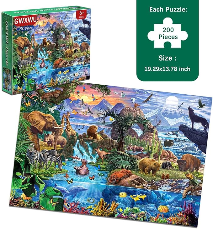 Puzzles for Kids Ages 6-8 8-10 Year Old - World Wildlife Panorama,200 Pieces Jigsaw Puzzles for Kids, Learning Educational Toys for Boys and Girls