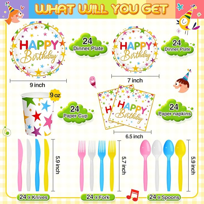Meanplan Serves 24 Guests Happy Birthday Plates and Napkins Rainbow Star Birthday Tableware Set Rainbow Happy Party Decorations for Kids Included Cups Knives Forks Spoons Total 168 Pcs