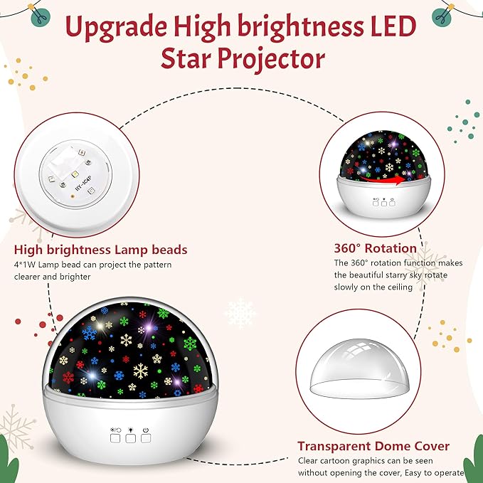 Christmas Projector Night Light Indoor, Snowflake NightLight for Room Decor, Kids Star Projector Night Light with Starry&Snowfall Theme,Xmas Birthday Gift Toy for Baby Toddler