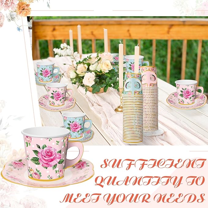 Umigy 36 Sets Mother's Day Tea Party Decorations 6.5 oz Floral Paper Teacups & Saucer Set for Girls Women Tea Parties Mothers Day Bridal Shower Wedding Birthday Party Decorations(Blue Pink)