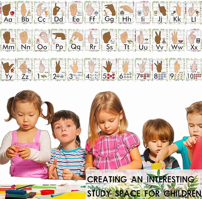 YIYDONG 36 Pieces ASL Alphabet Line Bulletin Board Set ABC Number Sign Language Flash Cards Wall Decorations for Pre-School Kindergarten Elementary Classroom Nursery Homeschool (Farmhouse)
