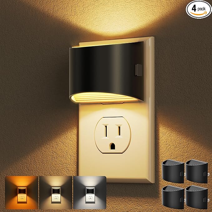DORESshop LED Night Light[4 Pack], Night Lights Plug into Wall, Plug in Night Light with 3 Color Temperatures, Dusk to Dawn Sensor, Nightlights for Adults, Bedroom, Bathroom, Hallway, Black