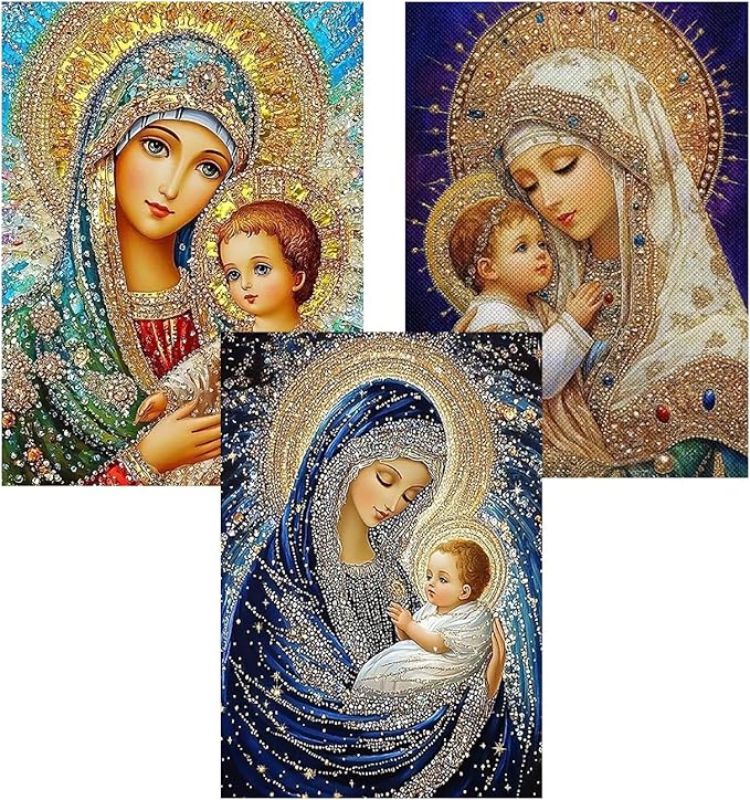 CHWGLFGG 5D Diamond Art Kits for Adults Beginners, 3 Pack Virgin Mary Diamond Painting Kits, DIY Full Round Drill Paint by Diamonds Dot Gem Art for Adults, Home Wall Decor 12x 16 Inch