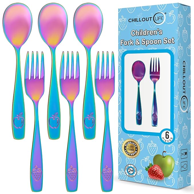 CHILLOUT LIFE Stainless Steel Kids Silverware Set 6 Pieces - Child and Toddler Safe Flatware - Kids Utensil Set - Metal Kids Cutlery Set (Includes 3 Small Kids Spoons & Kids 3 Forks, UV Rainbow)
