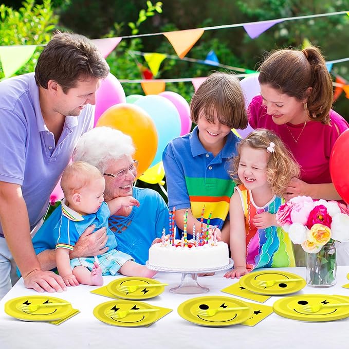 96PCS Smile Face Paper Plates and Napkins Yellow Smile Face Birthday Party Supplies for 24 Guests Preppy Disposable Dinnerware Set Preppy Cake Tableware Party Decorations for Bachelorette Baby Shower