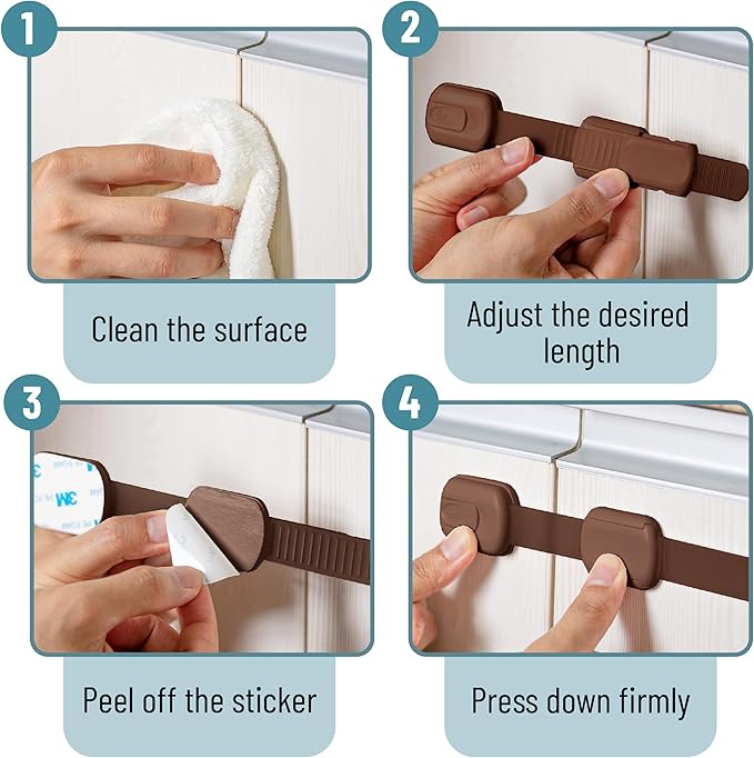 Bates- Child Safety Strap Locks, 8 Pack, Brown, Child Locks for Cabinets and Drawers