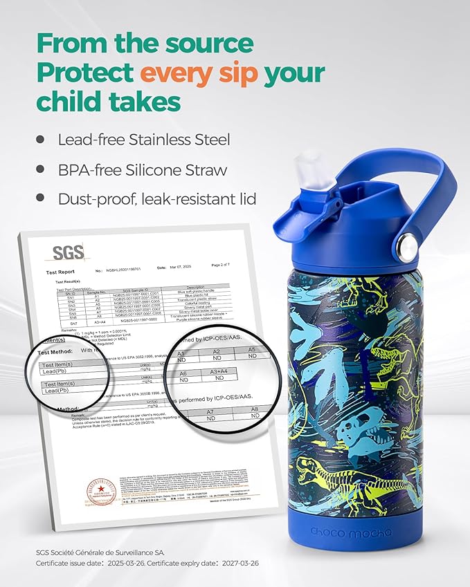 Choco Mocha Kids Water Bottle For School, Kids Insulated Water Bottle Stainless Steel for Boys,14Oz Monster Truck