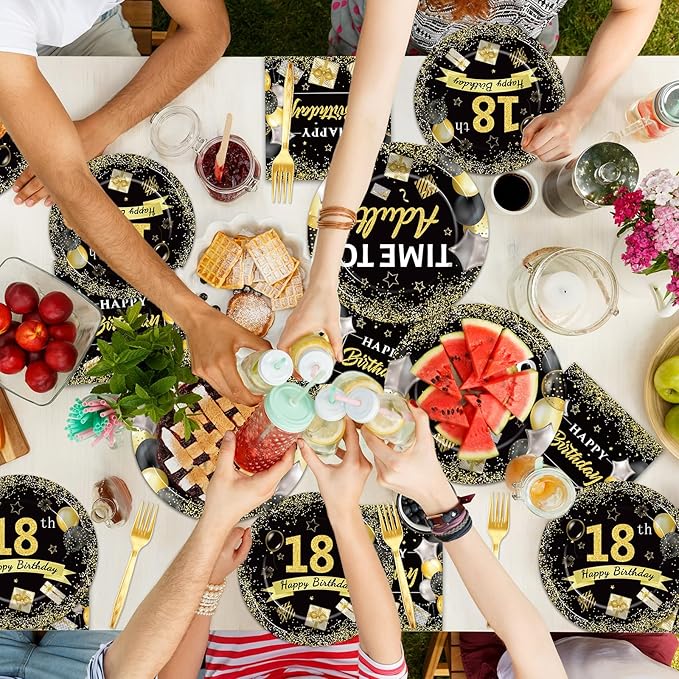 96 Pcs 18th Birthday Party Plates and Napkins Party Supplies Time To Adult 18 Years Old Birthday Party Tableware Set Black Gold 18th Birthday Decorations Favors for Boys Girls for 24 Guests