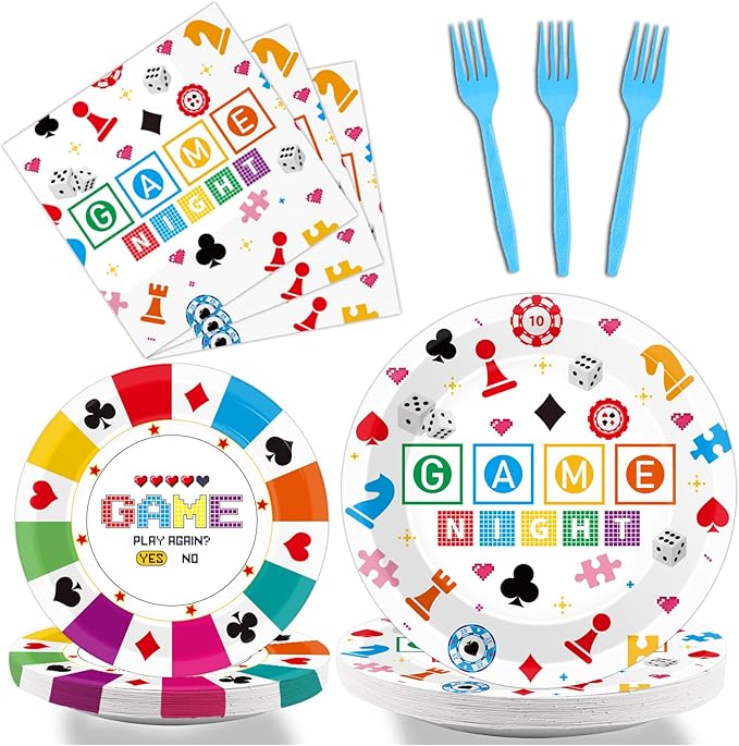96 Pcs Family Game Night Party Plates Napkins Tableware Set Gaming Supplies Disposable Dinnerware Video Game Decoration Favors for Kids, 24 Guests
