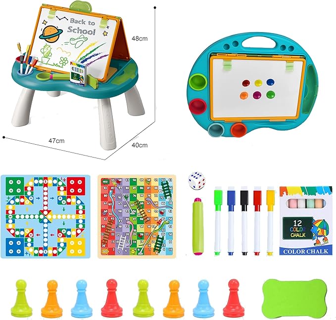 Kids Drawing Board Art Easel Toy Double Sided Chalkboard & Whiteboard Tabletop with Ludo Snakes Ladders Board Games, Dry Erase Markers, Chalk - Birthday Gift Toddler Boys Girls
