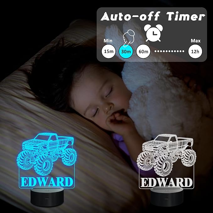 CoolGift Mart Customized Monster Trucks Night Light for Boys, 3D LED Optical Illusion Lamp with Remote Control and Timer, Perfect Christmas and Birthday Gift Idea for Boys, Kids, and Teens