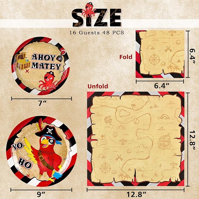 WERNNSAI Pirate Party Plates and Napkins - Pirate Birthday Party Supplies Bundles for Boys Kids Disposable Luncheon Dinner Dessert Cake Plates Napkins Tableware Set Serves 16 Guests 48 Pieces