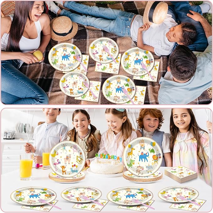 Qyeahkj 100PCS Party Animal Plates and Napkins Party Supplies Happy Birthday Parade Tableware Set Faint Yellow Birthday Decorations Favor Dinner Plates for Animal Party Celebrations Serves 25