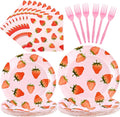 CANREVEL 96 PCS Strawberry Party Plates Serve 24, Strawberry Plates and Napkins Forks Set, Disposable Tableware for Birthday Party Supplies Decorations for Grils Kid Women Adult