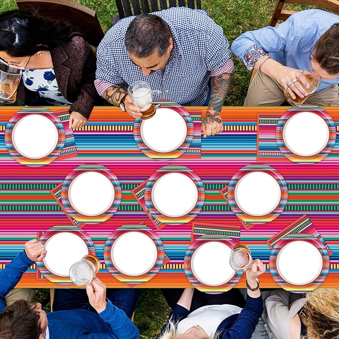 Qyeahkj Mexican Serape Fiesta Party Supplies Serves 24 Mayo Party Paper Plates Napkins Colorful Stripes Mexico Tablecloth Set Tableware Kit for Pinata Taco Ponchos Dance Day of The Dead Favor