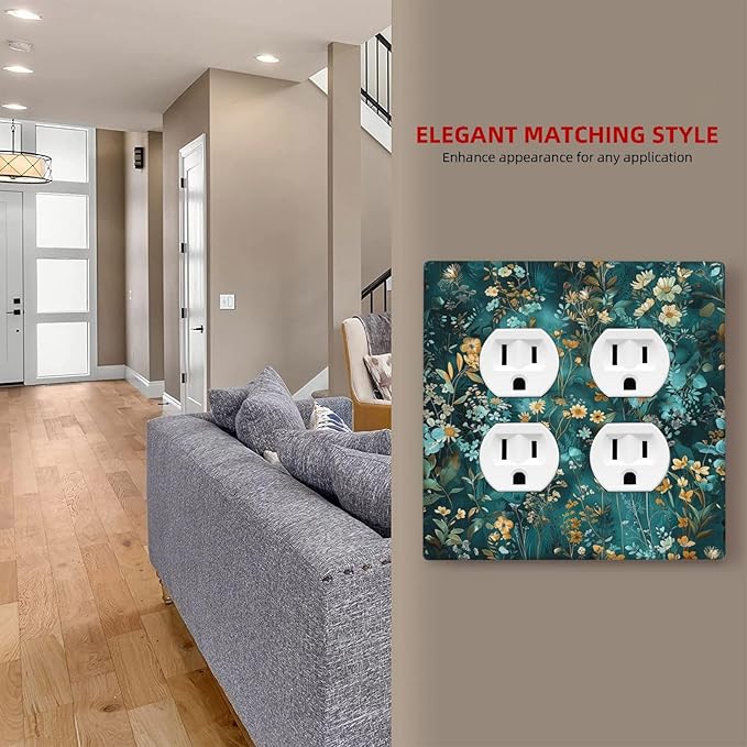 Outlet Covers Green Leaf Floral Boho Golden Flower Plant 2 Gang Double Duplex Decorative Light Switch Covers Electrical Wallplates Socket Faceplate For Bed Room Cabin Decor