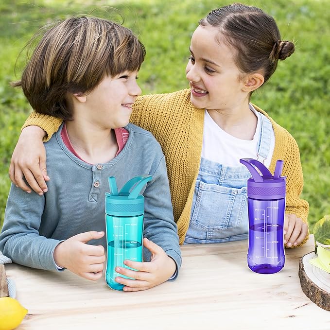 Kids Water Bottle, Dustproof Leakproof Cover, BPA Free Tritan Water Bottle Kids With Volume Markings Drinking 14oz Clear Water Bottle Unique Cat Paw Print Bottom Toddlers, School, Outdoor（Dark Purple）