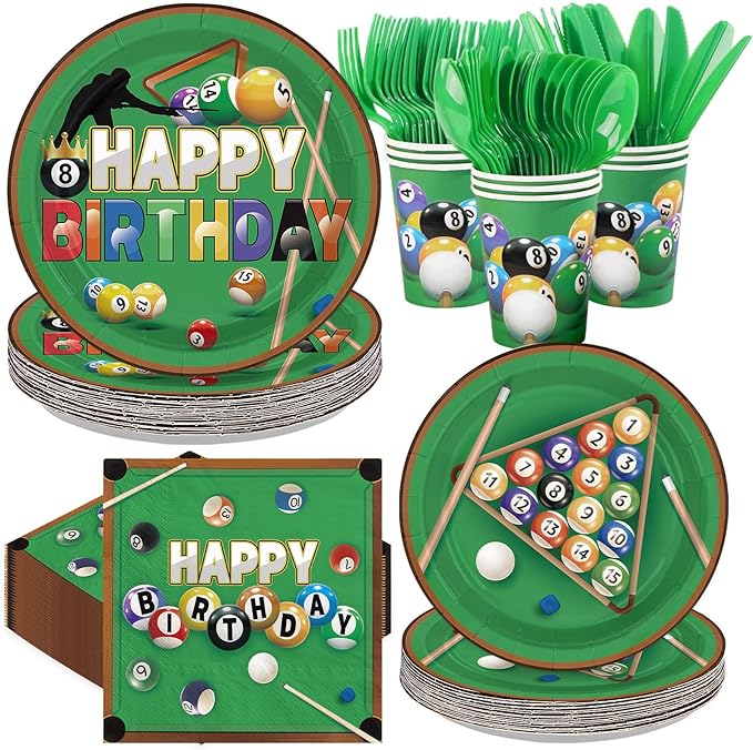 168Pcs Billiards Birthday Party Decorations Snooker Ball Sports Themed Plates Napkins Cups Forks Knives Spoons Disposable Paper Tableware for Billiards Theme Sports Party Supplies Serves 24
