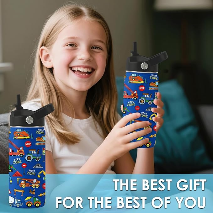 Construction Gifts for Men & Women - 16 Oz Water Bottle with Straw Lid, Stainless Steel Insulated Tumbler, Leak Proof, BPA-Free, for Boys, Travel - Truck Lovers Teen Birthday Gifts Cups(1pc)