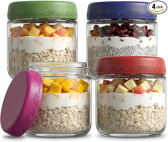 10 OZ 4Pack, Overnight Oats Jars with Lids, Glass Meal Prep Containers, Airtight Mason Jars for Breakfast, Yogurt Parfait, Salad & Smoothies, Leakproof and Reusable Food Storage Jars(4-1)