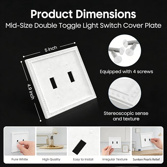 EFTV 10 Pack Mid-Size Toggle Light Switch Wall Plates 2-Gang Switch Electrical Cover Plate Unbreakable Thermoplastic Faceplate, Classic Beaded Relief Design, White