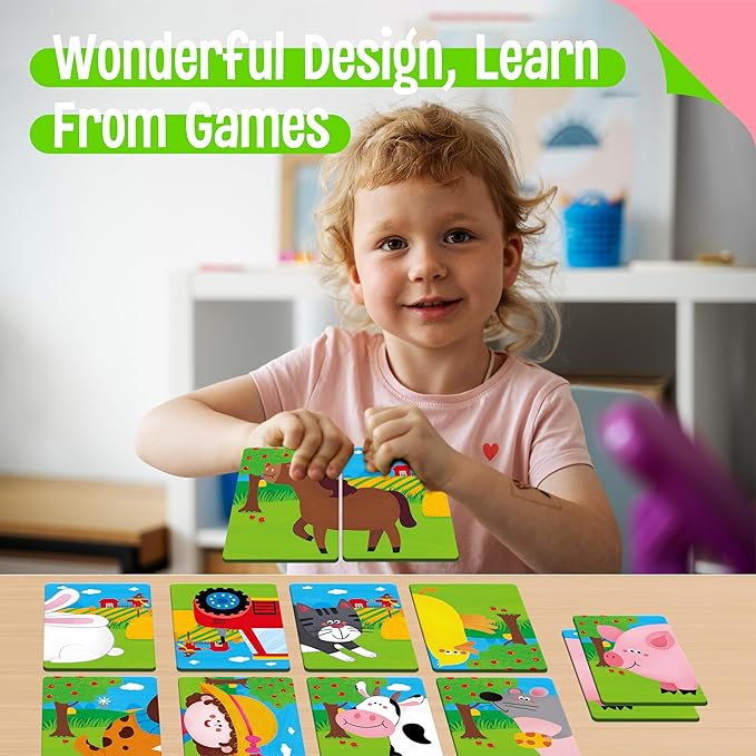 SpriteGru Farm Animal Memory Game, 28 Chunky Cards Farm Animal Head Tail Matching Activity 1-5 Players Memory Matching Game for Toddlers, Preschoolers