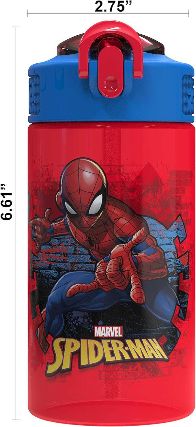 Zak Designs Marvel SpiderMan Kids Spout Cover and Built-in Carrying Loop Made of Plastic, Leak-Proof Water Bottle Design (16 oz, BPA-Free)