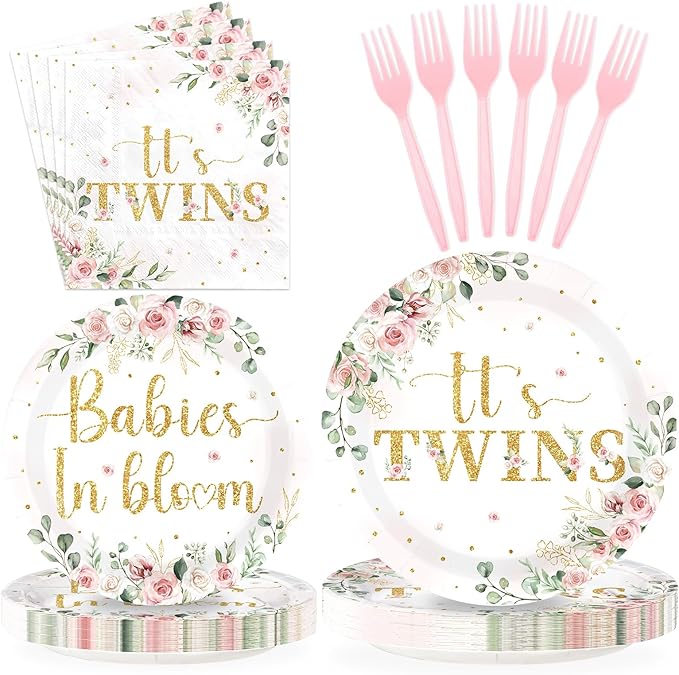 96Pcs Twins Baby Shower Party Decorations Wildflower Baby in Bloom Paper Plates and Napkins Pink Gold Floral It's Twins Disposable Tableware Set for Boys Girls Birthday Party Supplies, Serves 24