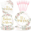 96Pcs Twins Baby Shower Party Decorations Wildflower Baby in Bloom Paper Plates and Napkins Pink Gold Floral It's Twins Disposable Tableware Set for Boys Girls Birthday Party Supplies, Serves 24