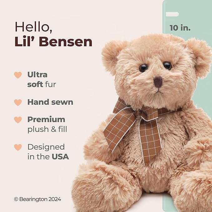 Bearington Lil' Bensen Stuffed Teddy Bear for Babies - 10" Soft Stuffed Bears Plush Toy with Classic Design - Adorable Cuddly Brown Bear Gift for Baby Showers, Boys, Girls, and Animal Lovers