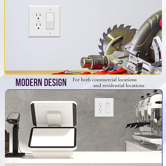 ENERLITES Combination Duplex Receptacle Outlet/Decorator Rocker Light Switch Wall Plate Cover, Midway Size 2-Gang 4.88" x 4.92", Polycarbonate Thermoplastic, UL Listed, 882131M-W, White