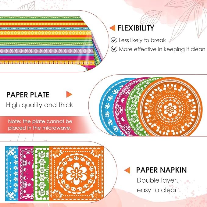 81PCS Mexican Fiesta Party Decorations Mexican Cinco De Mayo Party Decorations Supplies Mexican Disposable Paper Plates Napkins Mexico Plastic Tablecloth Fiesta Ware Dinnerware for Taco Party Decor