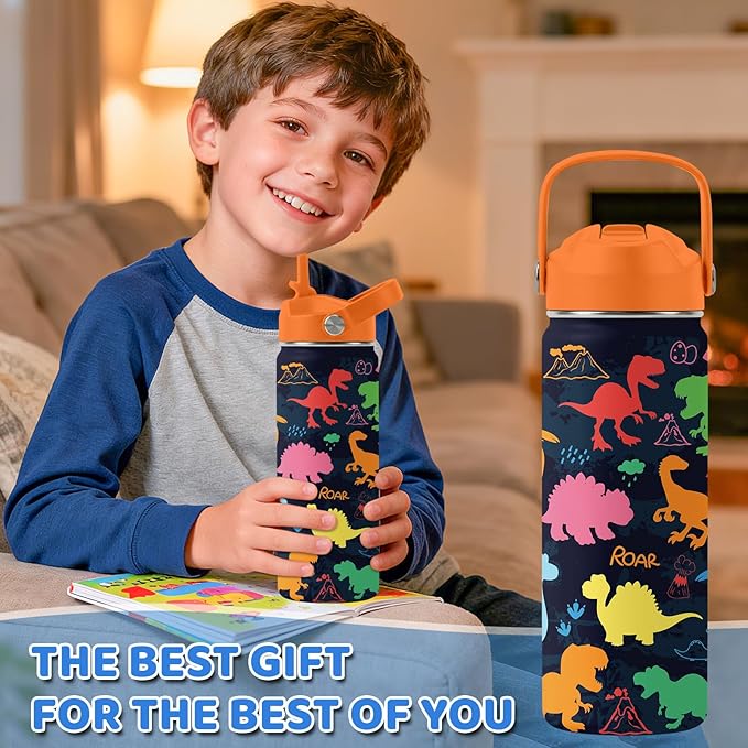 Dinosaur Gifts for Kids - 18oz Colorful Dino Water Bottle with Straw Lid, Stainless Steel Insulated Tumbler, Leakproof, BPA-Free, for Boys & Girls, School, Travel - Dino Lovers Birthday Gift Cup (1pc)