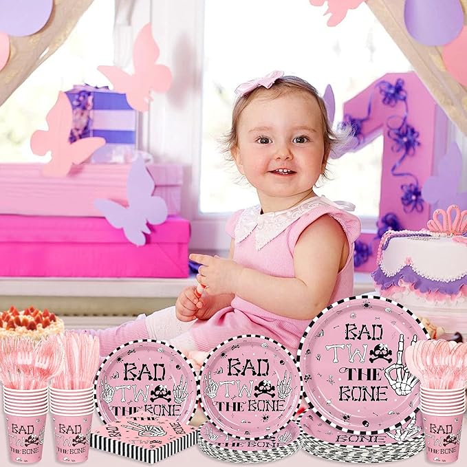 175 PCS Bad Two the Bone Party Decorations Girl, Pink Rock and Roll 2nd Birthday Party Plates and Napkins Skeleton 2nd Birthday Decorations for Girl, Serve 25